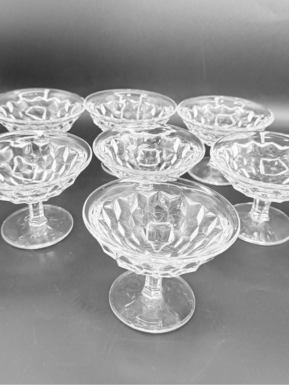 Fostoria American Clear Glass Low Sherbet Dessert Dishes Set of 7 Vintage